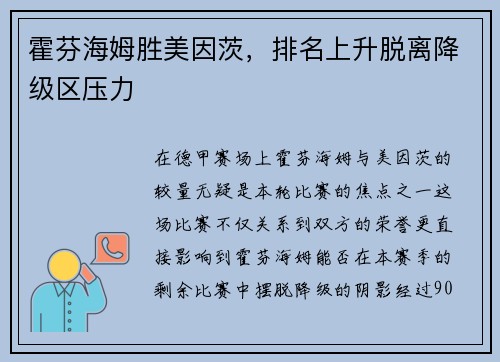 霍芬海姆胜美因茨，排名上升脱离降级区压力