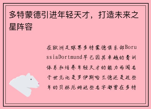 多特蒙德引进年轻天才，打造未来之星阵容
