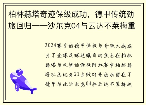 柏林赫塔奇迹保级成功，德甲传统劲旅回归——沙尔克04与云达不莱梅重返顶级联赛