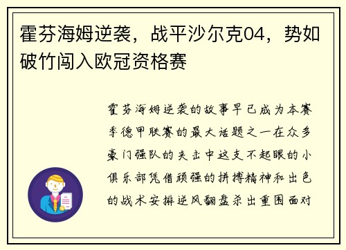 霍芬海姆逆袭，战平沙尔克04，势如破竹闯入欧冠资格赛