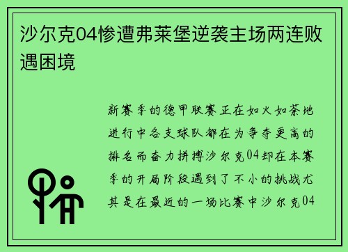 沙尔克04惨遭弗莱堡逆袭主场两连败遇困境