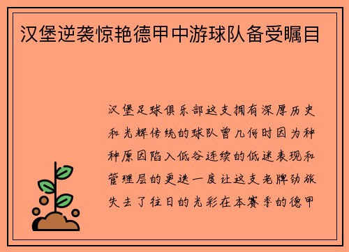 汉堡逆袭惊艳德甲中游球队备受瞩目