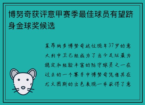 博努奇获评意甲赛季最佳球员有望跻身金球奖候选