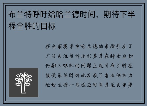 布兰特呼吁给哈兰德时间，期待下半程全胜的目标