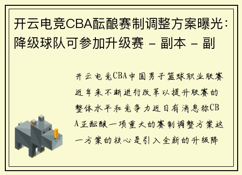 开云电竞CBA酝酿赛制调整方案曝光：降级球队可参加升级赛 - 副本 - 副本