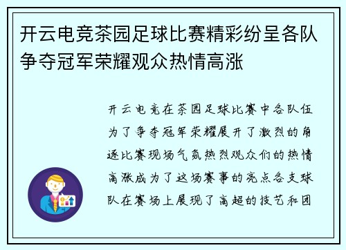 开云电竞茶园足球比赛精彩纷呈各队争夺冠军荣耀观众热情高涨
